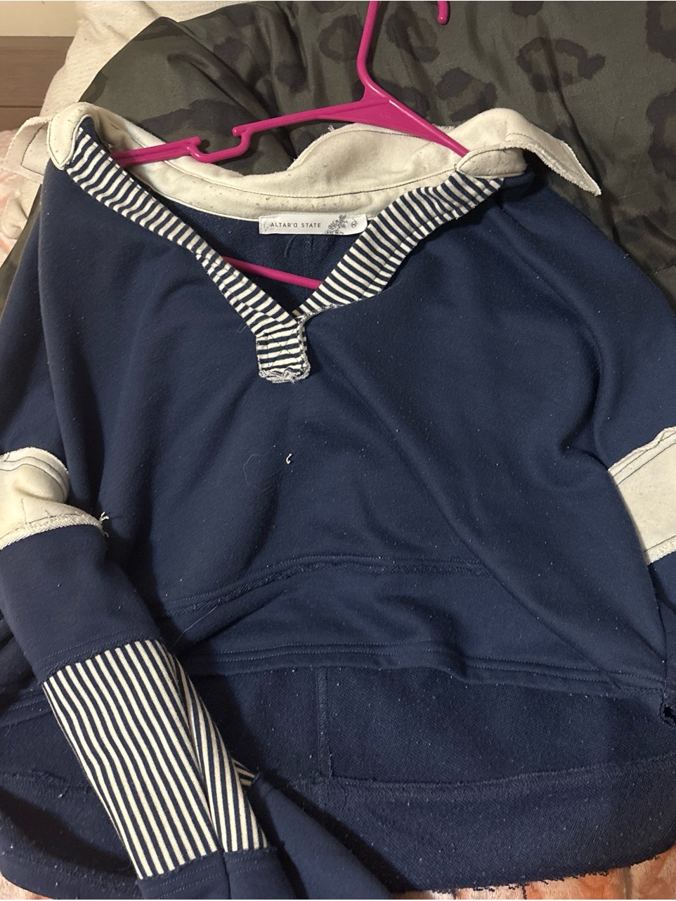Altar'd State Navy And Cream Striped Trim Pullover Sweater